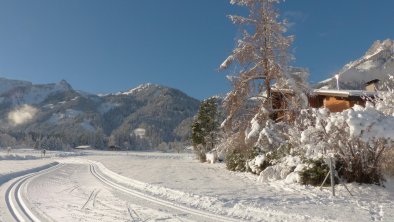 Loipe direkt vor der FeWo, Abfahrt im Hintergrund